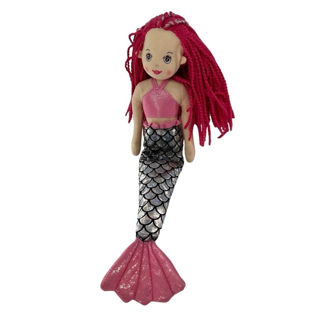 Aurora Ganz Pink Silver Mermaid Plush Doll Braided Yarn Hair Glittery Scales Sea